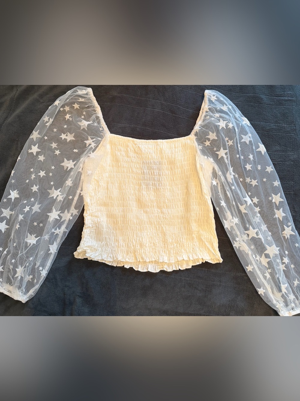 Polagram Smocked Bodice Top with Sheer Star Sleeves